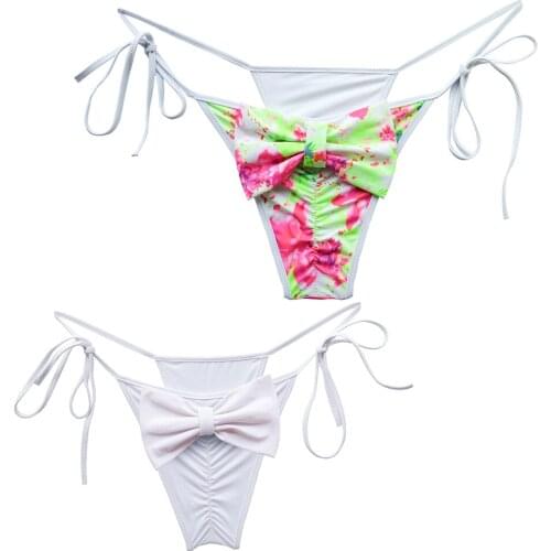 Summer Woman Bow Bikini Bottom Low Waist Trunks for Girl Swimming Swimsuit Biquini Brazilian Sexy Swimwear Pink Green Thong