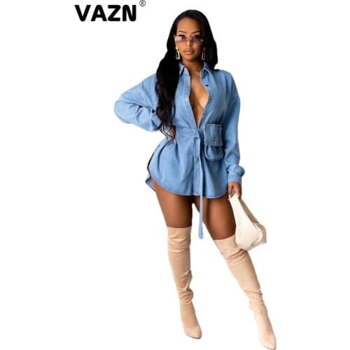 VAZN 2020 Hot Sales Denim Dress High-end Overalls Solid Simple Daily Young Lace Up Full Sleeve Women Thin Straight Mini Dress