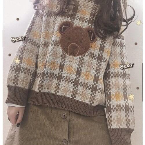 Bear Multicolor Plaid Checks Winter Womens Knittd Sweater Warm O-neck Long Sleeve Pullovers Sweet Color Coffee