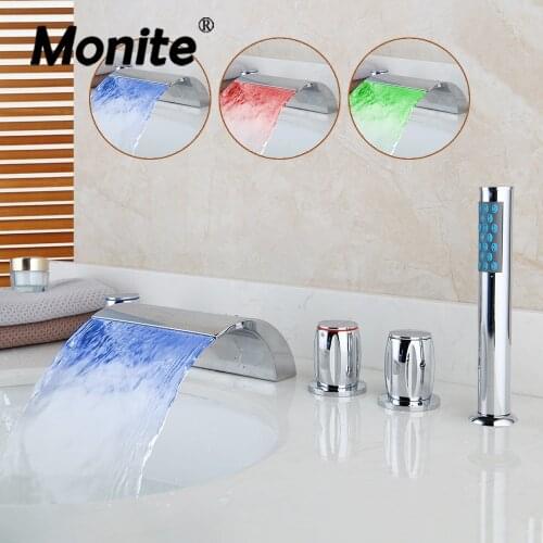 Monite LED Waterfall Bathroom Basin Faucet Deck Mounted Washbasin Bathroom Tap 5 Pcs Set Flush Cold Hot Water Mixer Taps