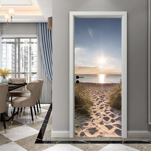 Sunset Sea View Door Sticker 3D Self Adhesive Wall Sticker DIY Renovation Waterproof Poster for Bedroom Door Decor-ABUX