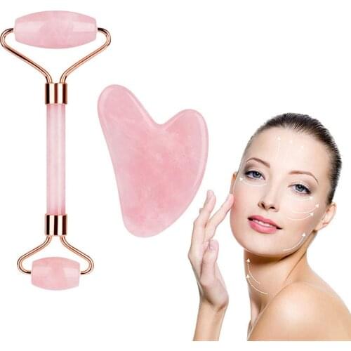 Jade Roller and Gua Sha Massage Facial Tools Anti Aging Rose Quartz Double Heads Jade Stone Face Lift Relaxation Slimming Tool