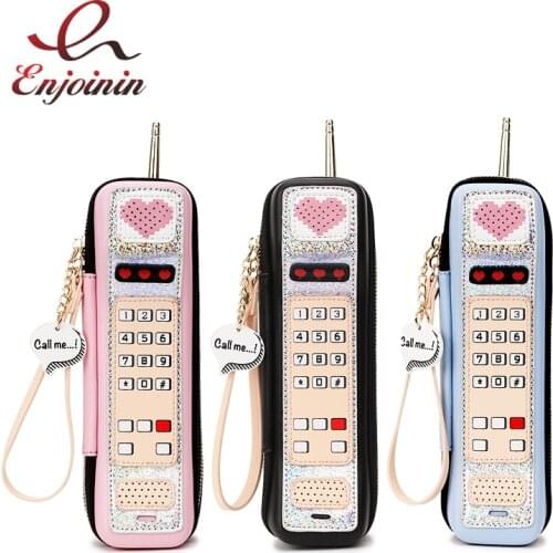 New Retro Phone Design Womans Casual Mini Handbag Fashion Party Clutch Bag Purse Pu Leather Cartoon Print Female Pouch 2021