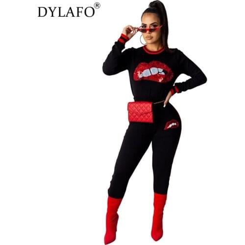 Sequins Big Lips Print Casual 2 Piece Suits Long Sleeve O Neck Top+Leggings Pants Autumn Sets Women Clothes Plus Size Tracksuits