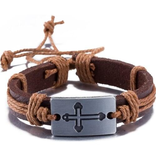 Retro Style Carved Cross Leather Bracelet Light Brown Adjustable Bracelet Neutral Religious Faith Jewelry Birthday Gift
