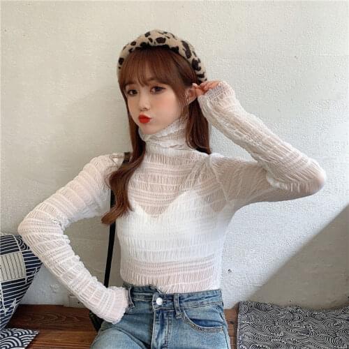 Sexy Mesh And Perspective Lace Design, Slim Fit And Fold On Top With A High Collar And Solid Color Top For Women