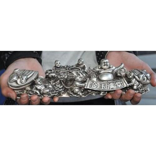 11" Old China silver 5 boy Wealth Maitreya Buddha Pine Lucky statue Ruyi Wishful