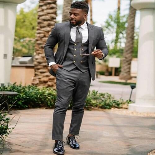 Dark Grey Men Suits Slim Fit for Wedding Tuxedos 3 Piece Male Fashion Double Breasted Waistcoat Business Blazer with Pants