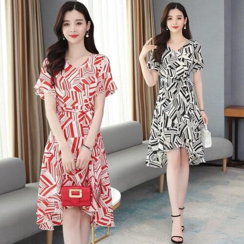 Boho Korean Floral Slim V-neck Dress Chiffon Beach Vestidos Office Ladies Elegant 2021 Summer Women High Waist Midi Party Dress