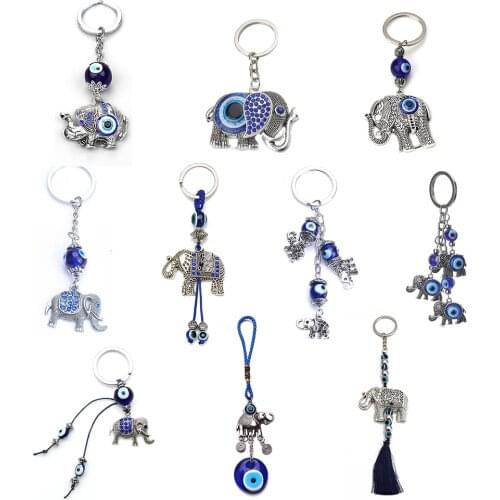Vintage Elephant & Blue Evil Eye Keychain Car Key Ring Handbag Charm Jewelry Gift for Protection and Blessing Lucky Accessories