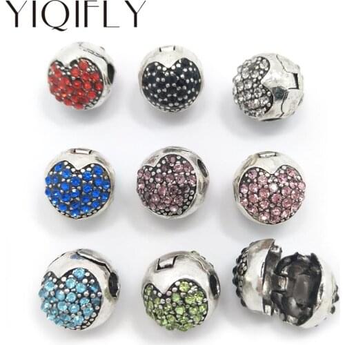 YIQIFLY Free shipping 2017 new 20pcs 11mm heart design mix colors rhinestone copper clip beads stopper fit European bracelet DIY
