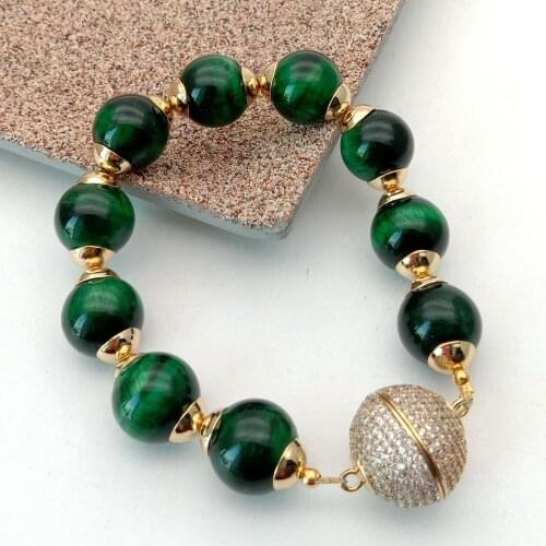 YYGEM 8'' 14mm Round Green Tiger 's Eye Strand bracelet Cz Pave magnet clasp luxury for women