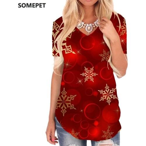 SOMEPET Christmas T Shirt Women Pattern V-neck Tshirt Red T-shirts 3d Dots Shirt Print Womens Clothing Punk Rock Cool Streetwear