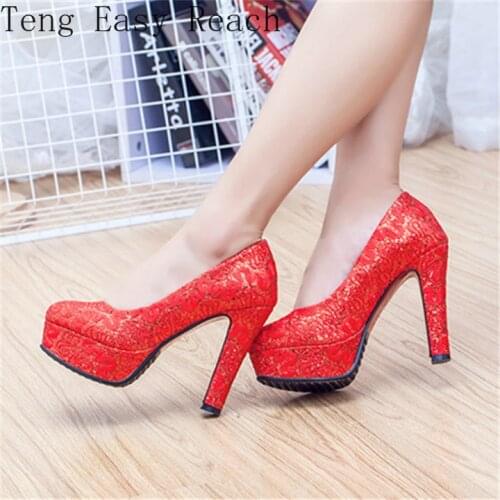 Womens Shoes Fashion Platform Square High Heels Slip On Party Wedding Pumps Round Shoes White Gold Red Size 34-43