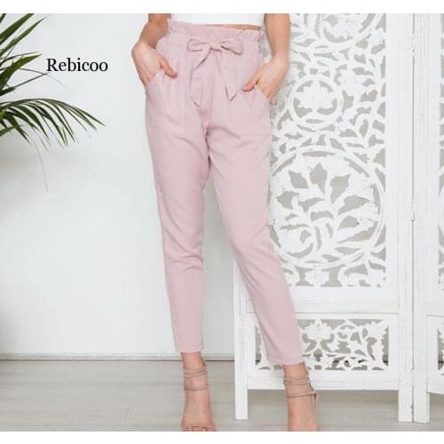 Women Pink Pants Suit female High Waist Sweatpants Cropped pants Fashion bow-knot Trouser with pocket Belted Casual Ladies Pants