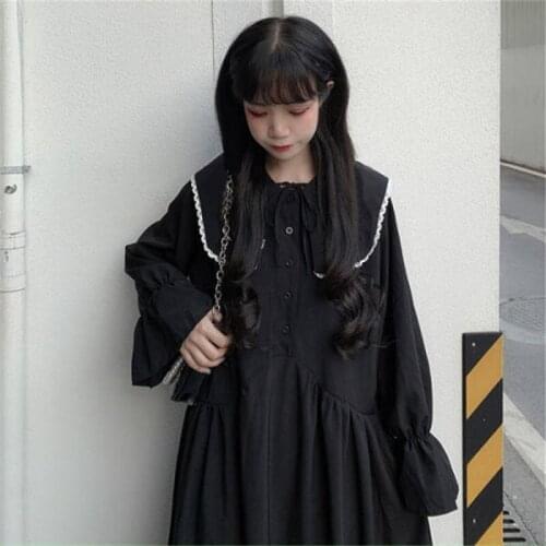 Japanese Style Gothic Lolita Kawaii Dress Autumn Vintage Kawaii Cute Peter Pan Collar Balck Long Sleeve Pastel Dark Ladies Dress