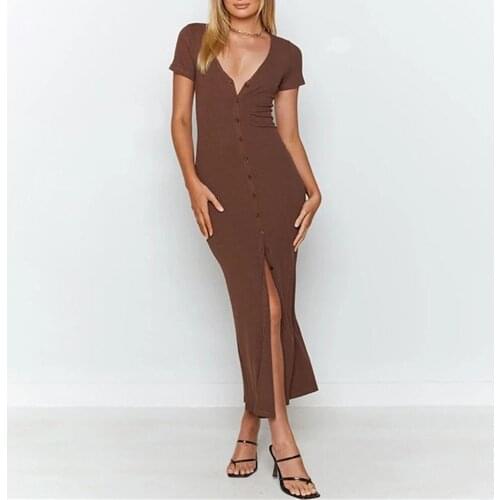 Western Style Sexy 2021 Summer Ladies Dress Casual Fashion Simple Temperament Single-breasted Split Fork V-neck Summer