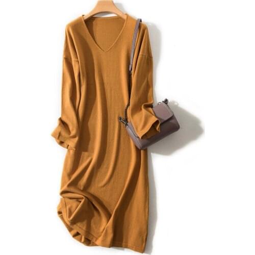 Women Sweater Dress 2019 New Spring Autumn V-Neck Long Sweater Knit Pullover Female Casual Solid Long Sleeve Dress Women Clothes