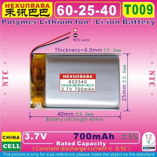 4pcs [T009] 3.7V 700mAh [602540] NTC;Polymer Li-ion battery for EARPHONE,MP4,GPS,HEADSET,B&O BeoPlay H4,AHB622540PMT-02