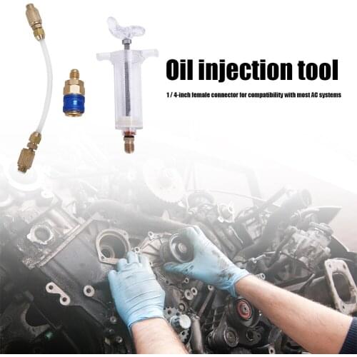 A/C ACOil Dye Injector 30ml 1oz with Low Side Quick Coupler Adapter Clear Hose1/4 inch SAE R134 Manual Oiler Car Wash Parts