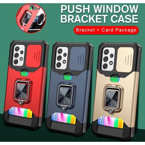 Push Camera Protection Case For Samsung Galaxy A52 A52s A72 A32 A82 A12 M12 Car Magnetic Holder Card Slot Back Armor Cover Coque