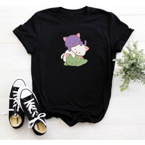 Cartoons Cats Pattern T-shirt Women Cute Round Neck Black Women Tshirt Casual Cotton Shrot Sleeve Camiseta Mujer Gothic Tops