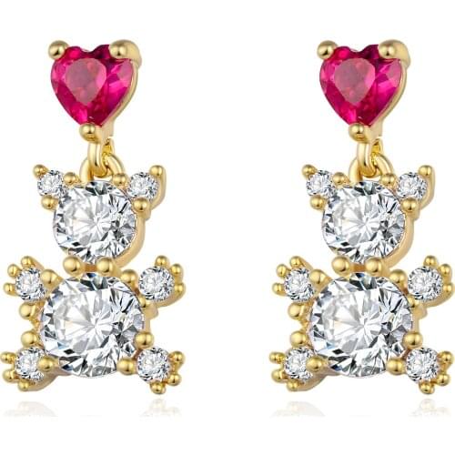 Kawaii Zircon Heart Bear Pendant Earrings for Women Girls Copper Animal Drop Earring Fashion Jewelry pendientes mujer moda 2021