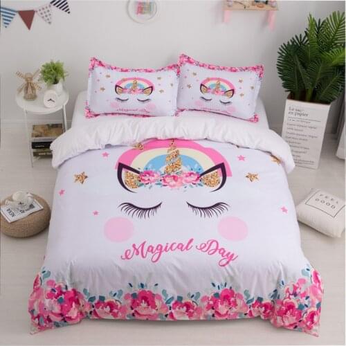 Unicorn Printed Bedding Set Girl Pink Duvet Cover Queen King Size Comforter Sets High Quality Twins Bedcover