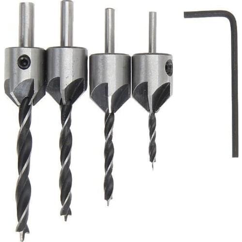 4PC/Set Countersink Drill Bit Flute Round Shank Adjustable Tapered Bits for Wood with Allen Wrench Woodworking Drilling