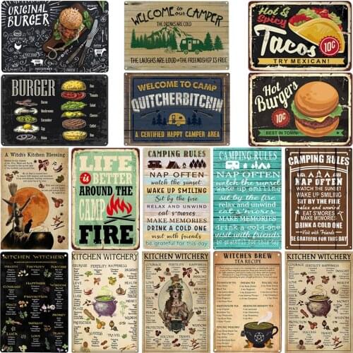 Camping Rule Metal Poster Food Burger&Tacos Tin Signs Decor For Kitchen RV Restaurant Retro Tin Sign Wall Art Plaque 20×30cm