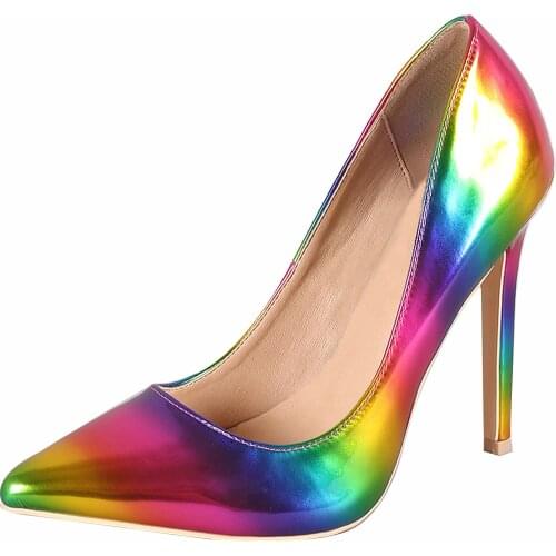 Fashionable rainbow pointed shimmer thin heel single shoe lady high heel sexy nightclub thin heel shoe