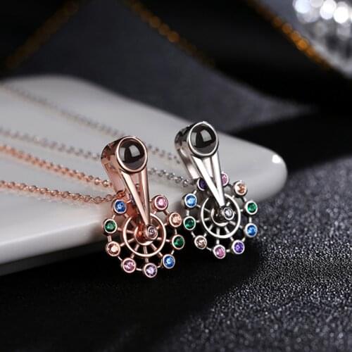 Rose Gold Silver Color I Love You 100 Languages Ferris wheel Necklace Projection Pendant Custom Name Image For Women Girls Gifts