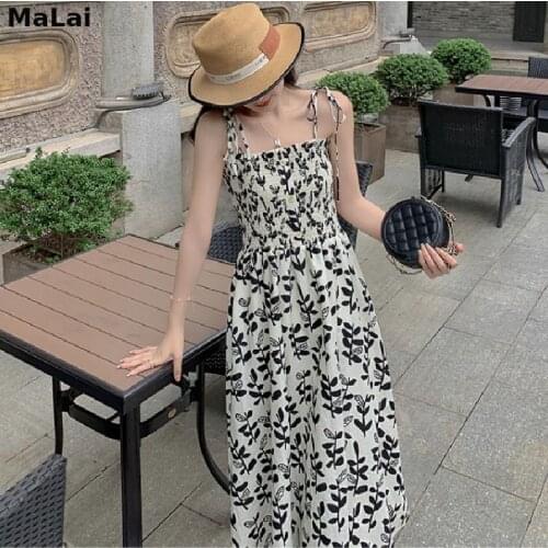 Casual Beach Floral Strap Dress Female Y2k Elegant One Piece Dress Korean Women 2021 Summer Vintage Party Midi Camisole Dresses