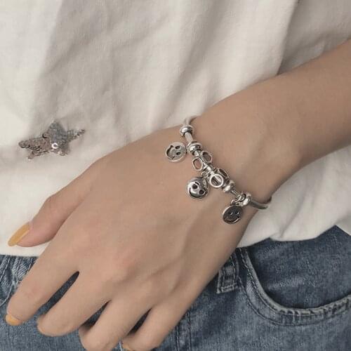 925 Sterling Silver Smiling Face Charms Beads Thai Silver Bangles For Women Handmade Jewelry Birthday Gift S-B414