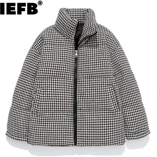 IEFB Vintage Black White Plaid Fashion Korean Cotton Padded Clothes 2021 New Winter Coat Thickened Cotton Letter Print Zipper