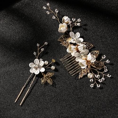 Fashion Luxury Flower Hair Combs Hair Clips Headdress Prom Bridal Wedding Hair Accessories Gold Leaves Hair Jewelry Hair Pins