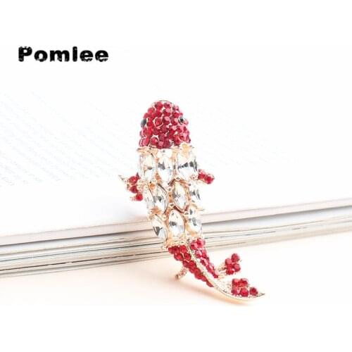 Pomlee Crystal Red Carp Fish Brooches Women Men White Red Rhinestone Fish High Quality Party Causal Office Brooch Pins Gifts