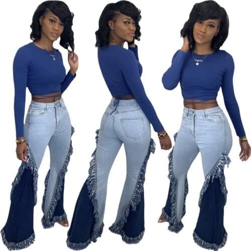2021 Spring Jeans Pant High Waits Pocket Color Patchwork Long Trousers Jeans For Women Femme Outfits