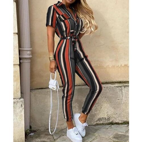 2021 Womens Button Casual Lapel Print Short-Sleeved Belt Tooling Jumpsuit Female Casual Summer Jumpsuits Trousers Streetwear