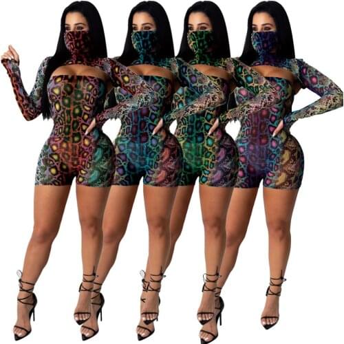 Women Serpentine Snake Print Strapless Playsuit Jumpsuit Long Sleeve Top with Mask 3 Three Pieces Sets Fashion Tracksuits S-2XL