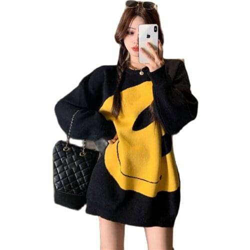 Smile Face Women Knitted Sweater Korean Fashion Cartoon Printed O Neck Long Sleeve Loose Streetwear Jumpers Winter Pullovers