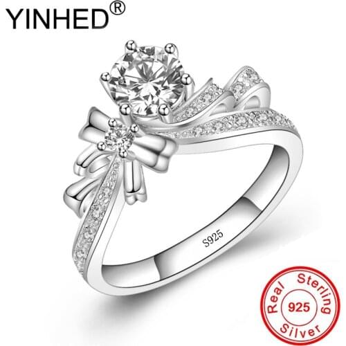 YINHED Beautiful Bridal Finger Jewelry Bow-knot Ring 100% 925 Sterling Silver Cubic Zirconia Wedding Rings for Women ZR506