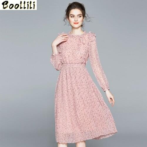 Boollili Vintage Elegant Midi Dress Women Clothes 2020 Spring Long Sleeve Chiffon Floral Dress Ladies Dresses Vestidos