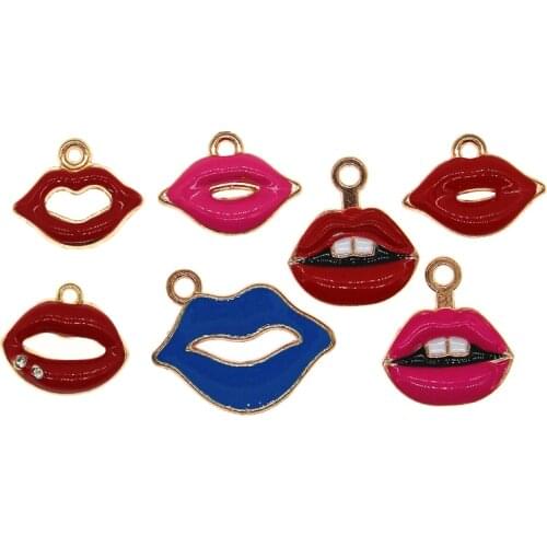 10pcs/lot Rhinestone Lady Lips Enamel Girl Sexy red lips Charms Fit DIY Bracelet Necklace Jewelry DIY Craft Finding