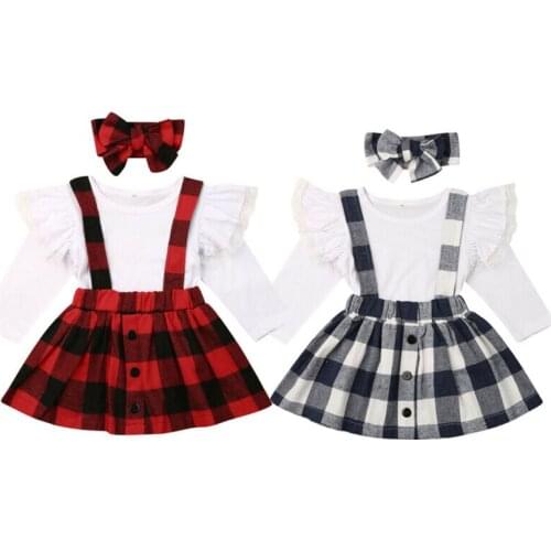 3PCS Kid Baby Girl Lace Cotton Tops Plaid Suspender Skirts Headwear Party Outfits Girls Clothing Set