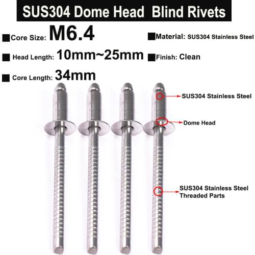5Pcs SUS304 Stainless Steel Round Head Pop Open Hollow Blind Rivets Bolt Dropper Self-plugging Rivet M6.4 Length 10-25mm