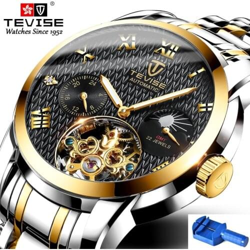 Automatic Mechanical Watch TEVISE T9005c Tourbillon 22 Jewels Watch Man Moon Phase Luminous Hands Waterproof Clock with Tool Box