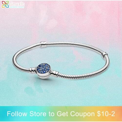 Smuxin 925 Sterling Silver Moments Sparkling Blue Disc Clasp Snake Bracelet Friendship Bangles for Women Jewelry Gift