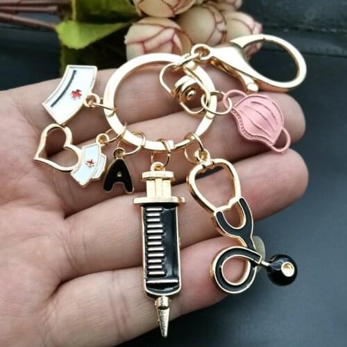 New Dripping Oil Keychain Doctor Medical Tool Stethoscope Syringe Mask Key Ring Nurse Medical Student Gift Keychain 26 Letters