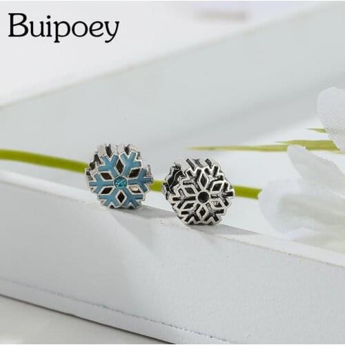 Buipoey Ice Blue Enamel Snowflake Beads Silver Color Bead Fit Diy Bracelets Necklace Jewelry Making Christmas Theme Accessories